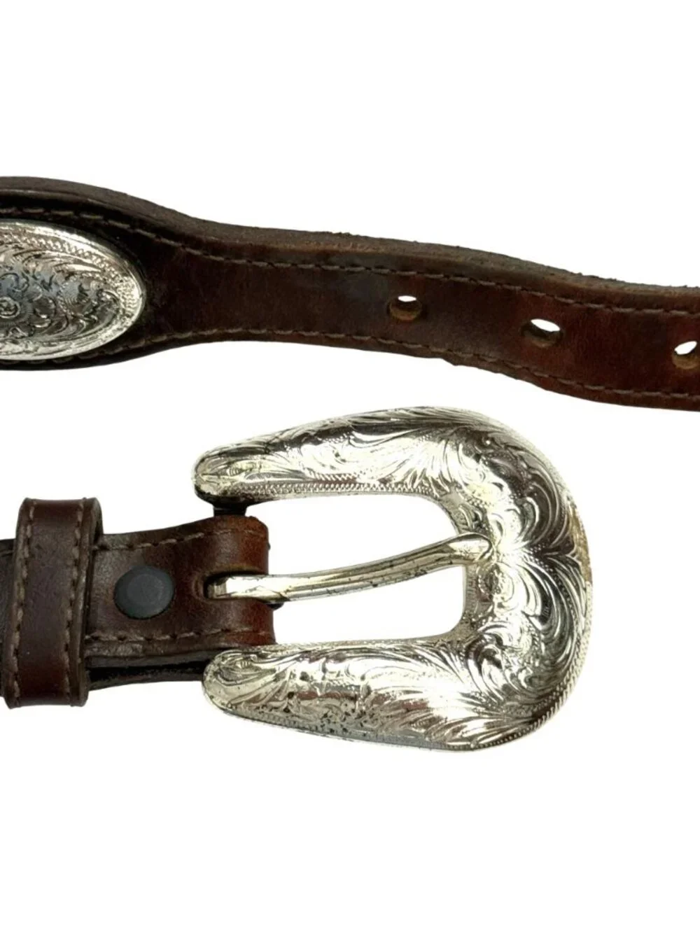 Vintage Tony Lama Womens Western Brown Leather Silver Concho Belt USA Size 28 - Picture 3 of 11